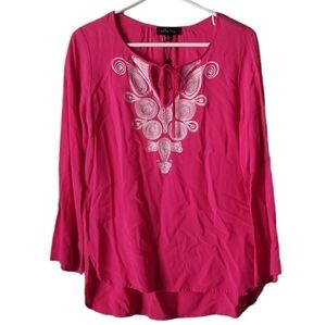 NWOT Melissa Paige Hot Pink Embroidered Pullover Peasant Blouse Size S